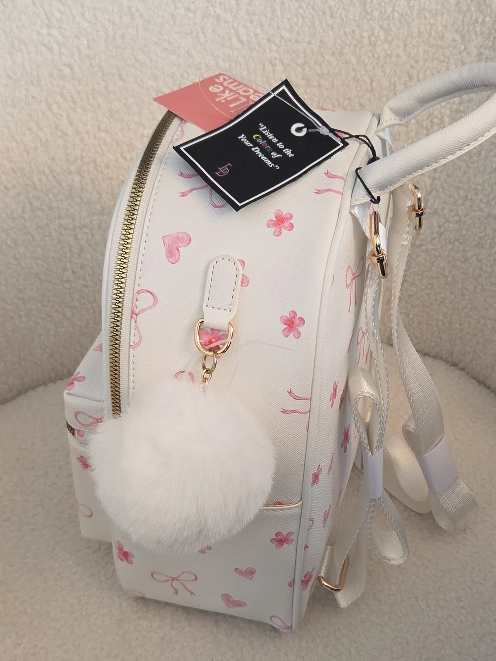 White & Pink Floral Mini Backpack with Pom Charm